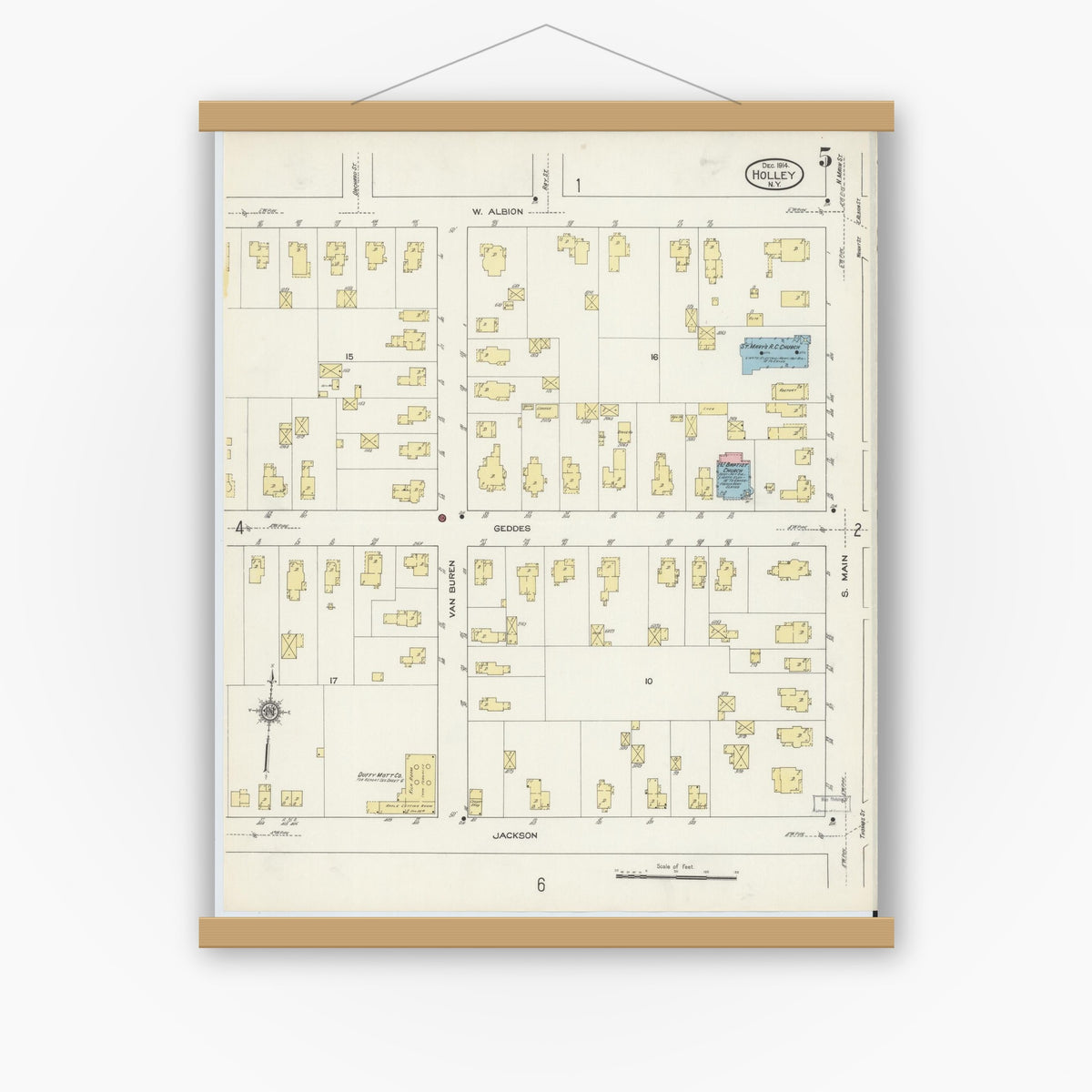 Old map wall art mockup — magnetic wood frame on white wall — Sanborn Fire Insurance Map from Holley, Orleans County, New York (1914), Sheet #0005