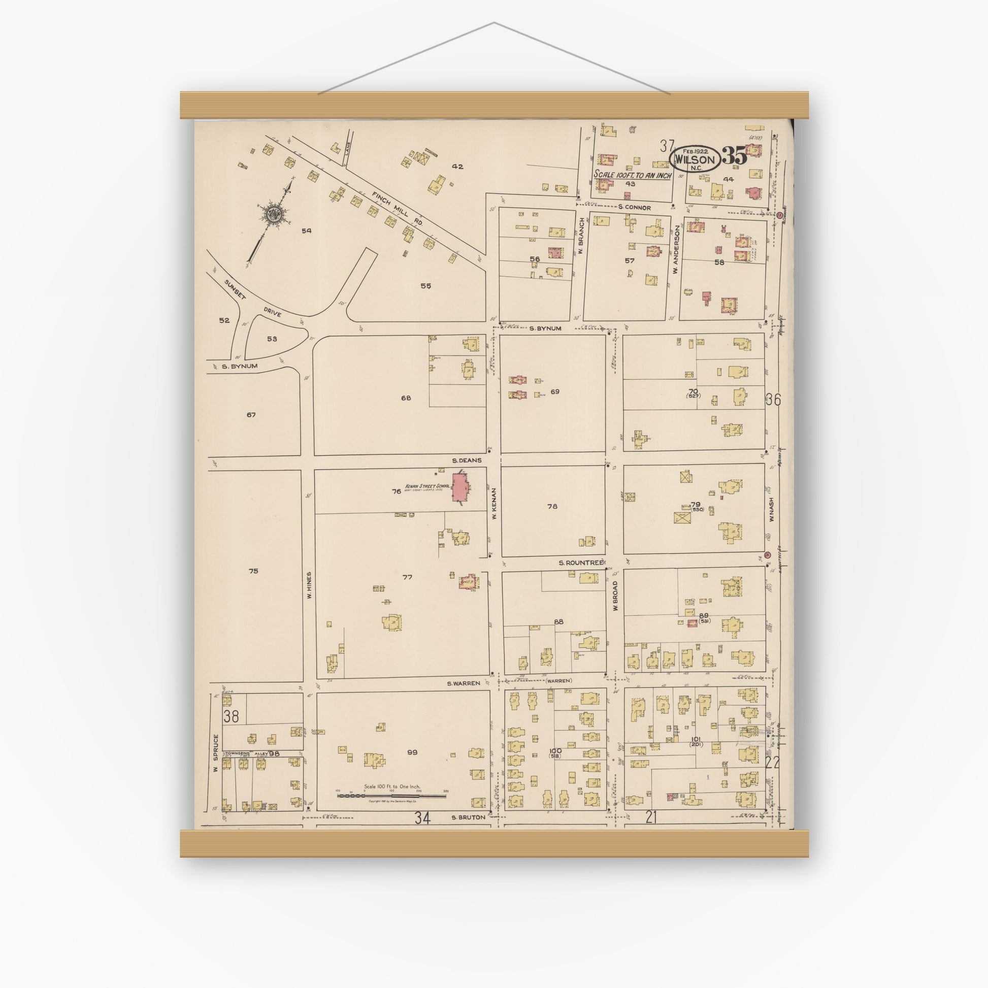 Old map wall art mockup — magnetic wood frame on white wall — Sanborn Fire Insurance Map from Wilson, Wilson County, North Carolina (1922), Sheet #0035