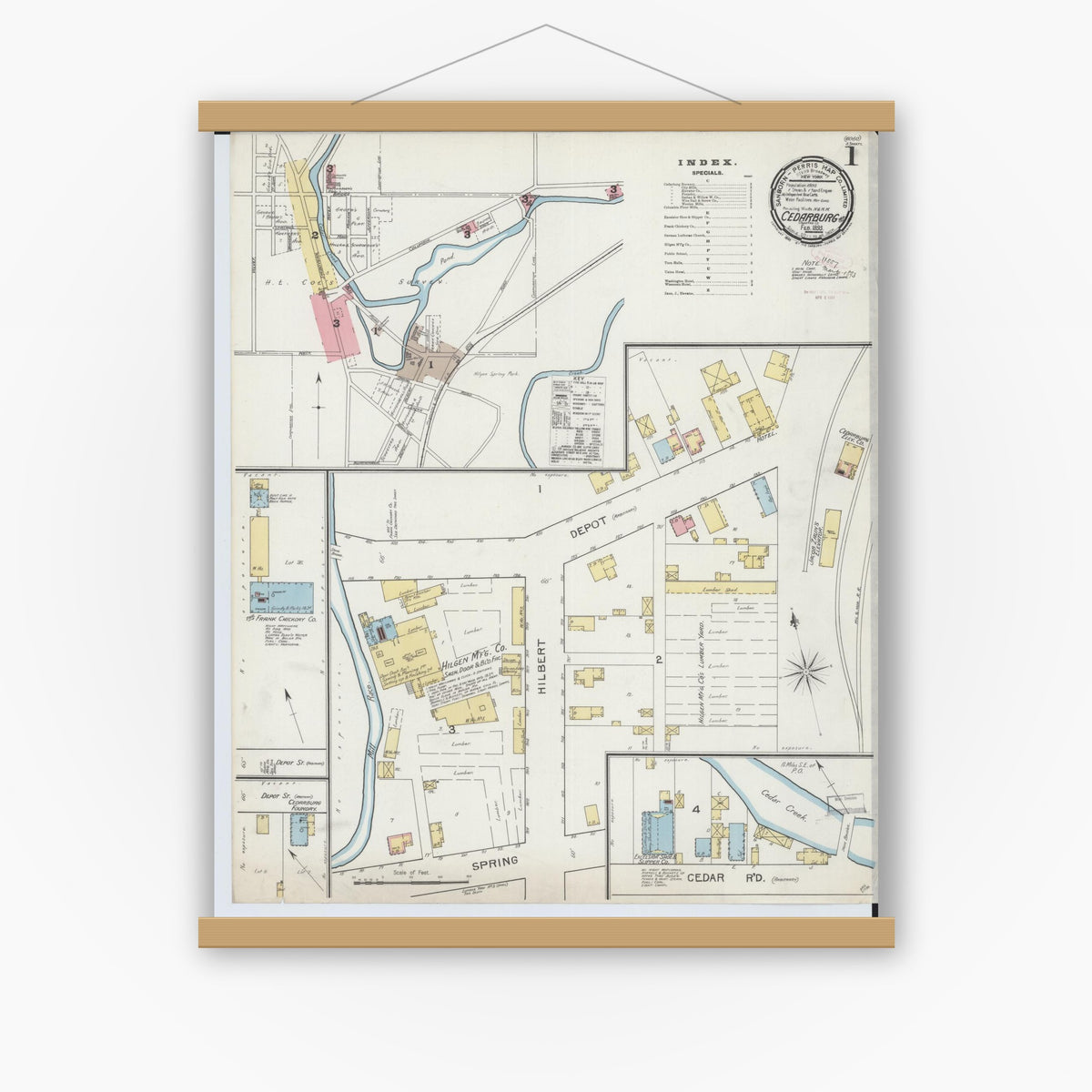 Old map wall art mockup — magnetic wood frame on white wall — Sanborn Fire Insurance Map from Cedarburg, Ozaukee County, Wisconsin (1893) - Complete Map Set