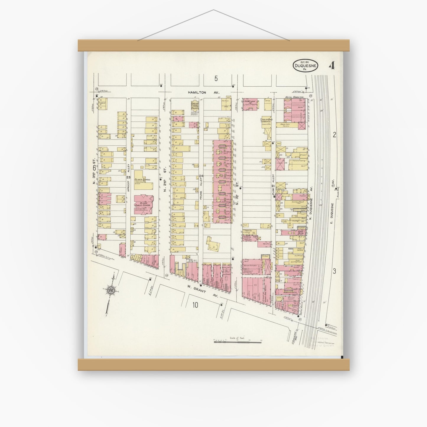 Old map wall art mockup — magnetic wood frame on white wall — Sanborn Fire Insurance Map from Duquesne, Allegheny County, Pennsylvania (1911), Sheet #0004