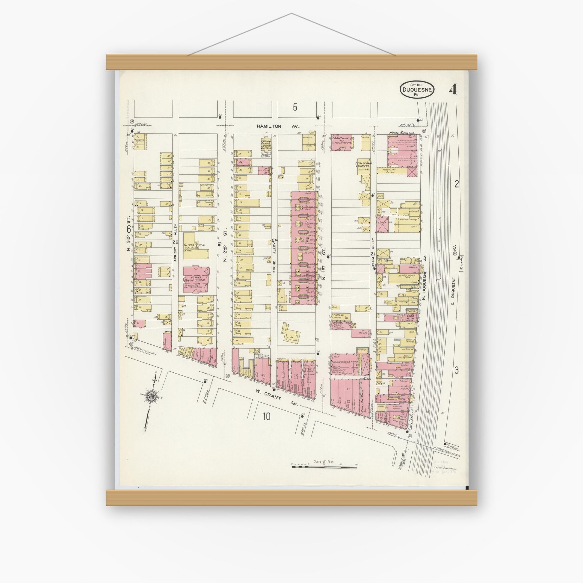 Old map wall art mockup — magnetic wood frame on white wall — Sanborn Fire Insurance Map from Duquesne, Allegheny County, Pennsylvania (1911), Sheet #0004