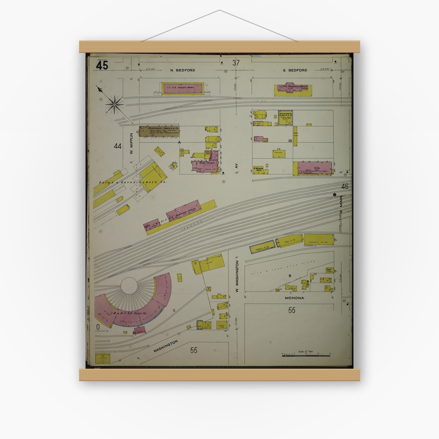 Old map wall art mockup — magnetic wood frame on white wall — Sanborn Fire Insurance Map from Madison, Dane County, Wisconsin (1908), Sheet #0045