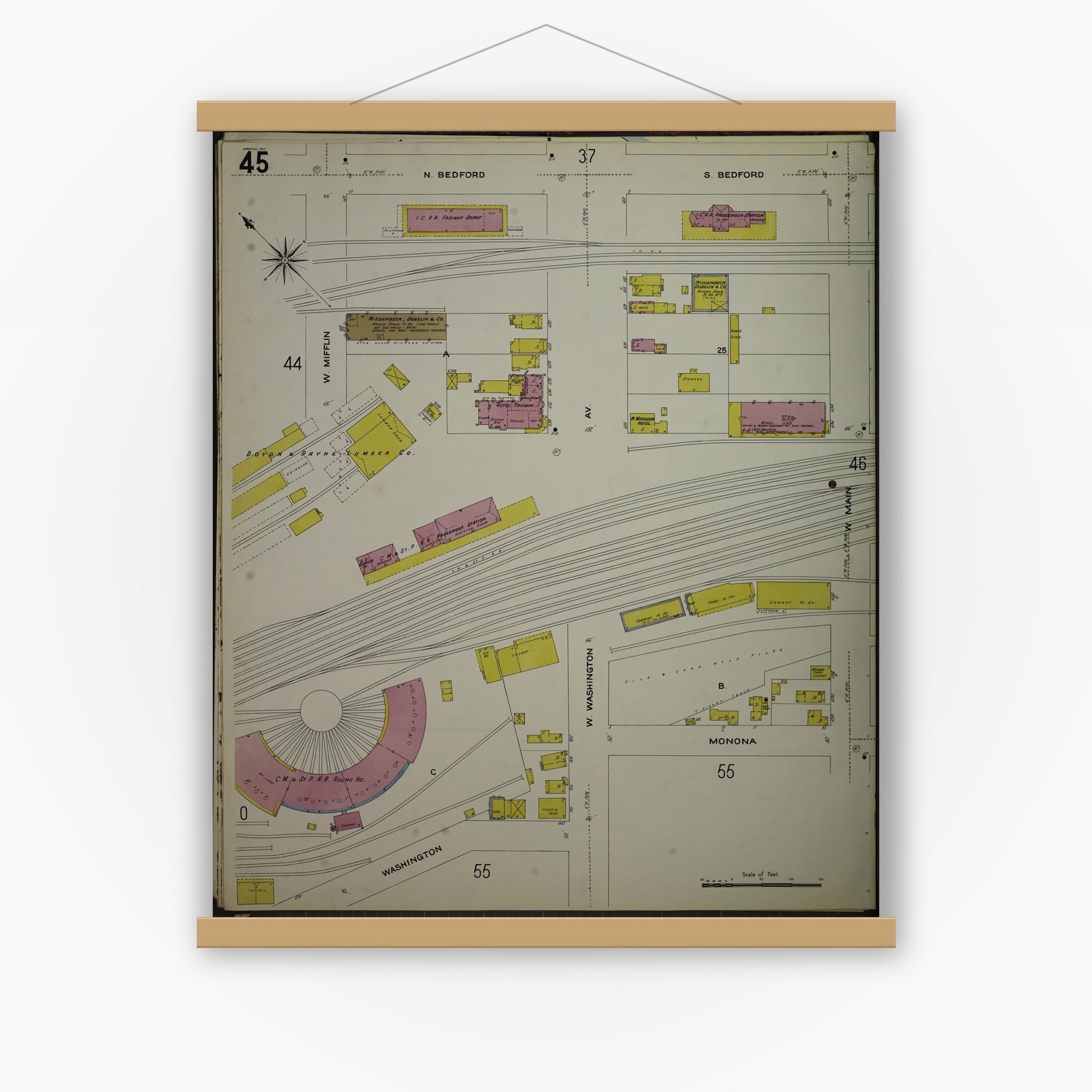Old map wall art mockup — magnetic wood frame on white wall — Sanborn Fire Insurance Map from Madison, Dane County, Wisconsin (1908), Sheet #0045