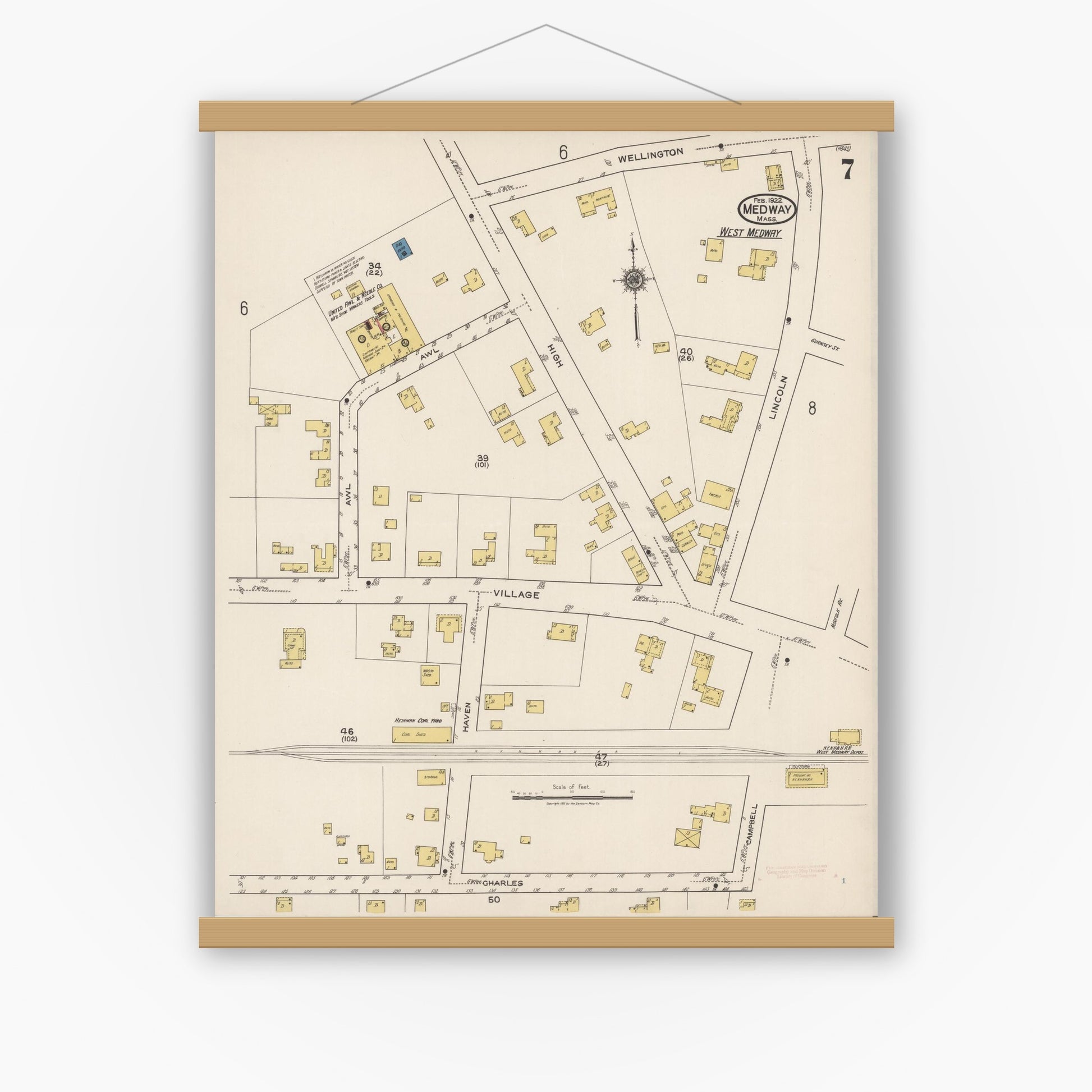 Old map wall art mockup — magnetic wood frame on white wall — Sanborn Fire Insurance Map from Medway, Norfolk County, Massachusetts (1922), Sheet #0007