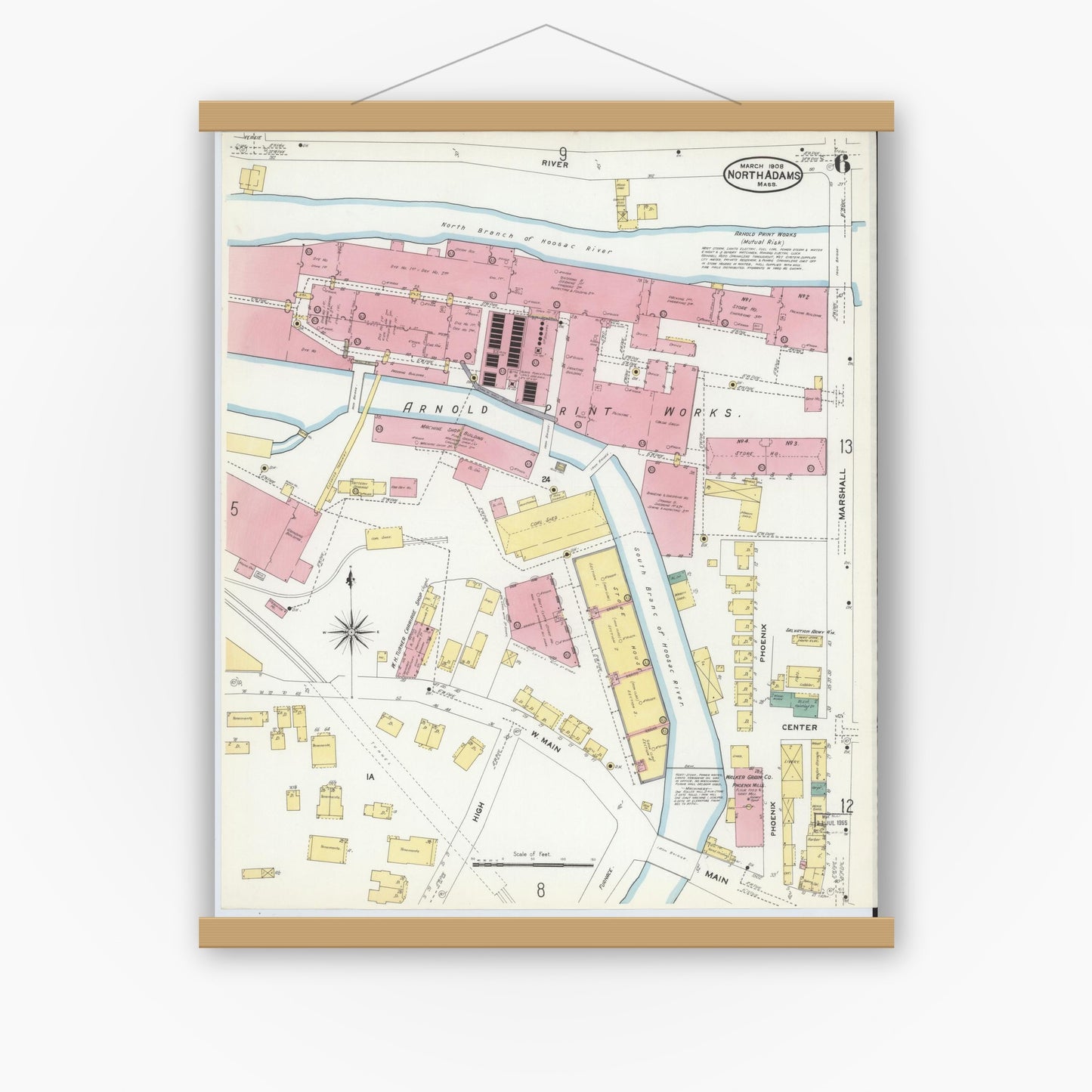 Old map wall art mockup — magnetic wood frame on white wall — Sanborn Fire Insurance Map from North Adams, Berkshire County, Massachusetts (1908), Sheet #0006