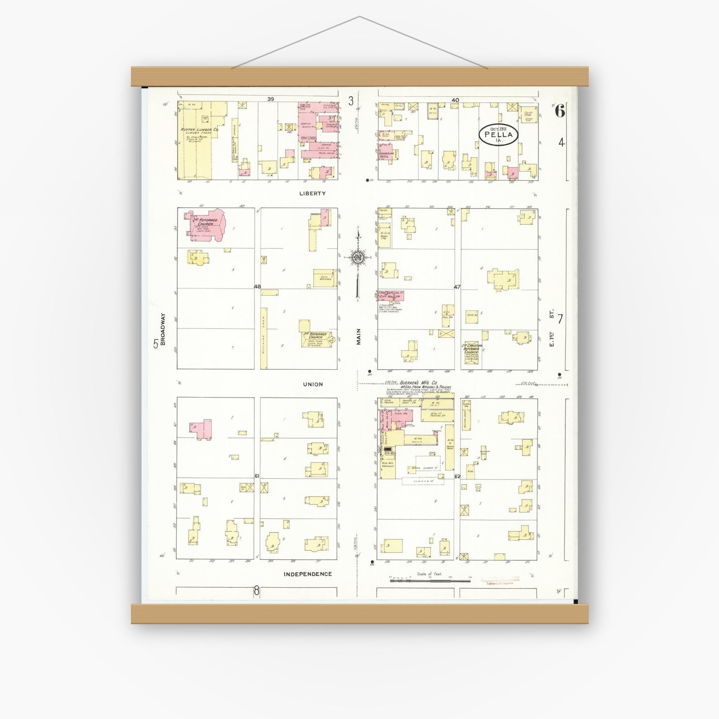 Old map wall art mockup — magnetic wood frame on white wall — Sanborn Fire Insurance Map from Pella, Marion County, Iowa (1911), Sheet #0006