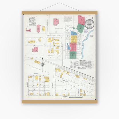 Old map wall art mockup — magnetic wood frame on white wall — Sanborn Fire Insurance Map from Tomah, Monroe County, Wisconsin (1904), Sheet #0001