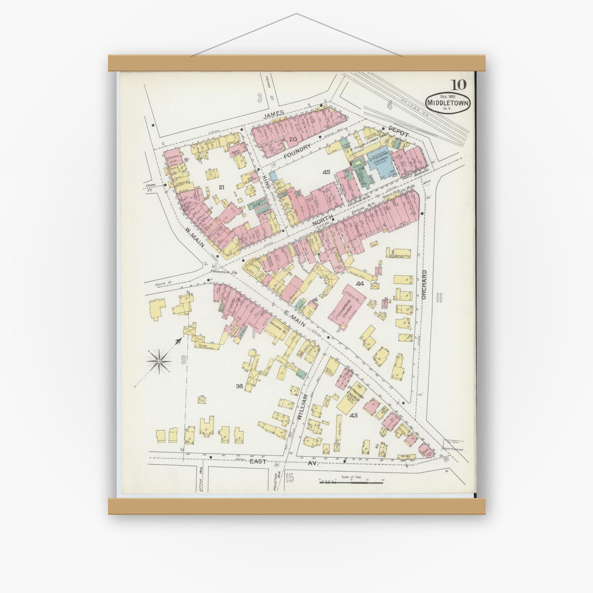 Old map wall art mockup — magnetic wood frame on white wall — Sanborn Fire Insurance Map from Middletown, Orange County, New York (1892), Sheet #0010