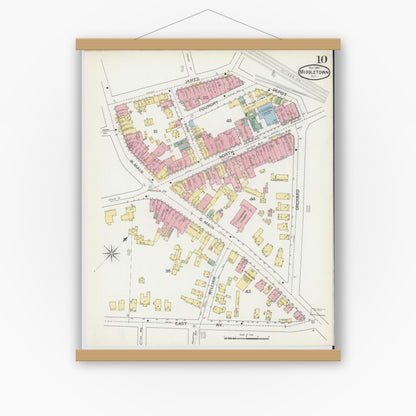 Old map wall art mockup — magnetic wood frame on white wall — Sanborn Fire Insurance Map from Middletown, Orange County, New York (1892), Sheet #0010