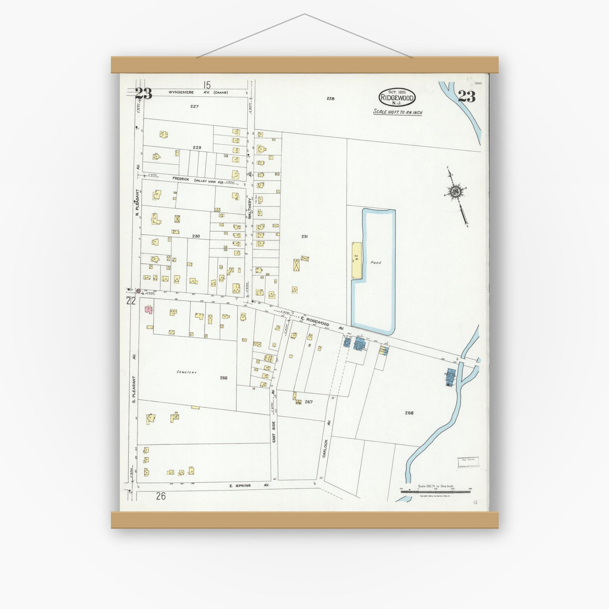 Old map wall art mockup — magnetic wood frame on white wall — Sanborn Fire Insurance Map from Ridgewood, Bergen County, New Jersey (1924), Sheet #0023