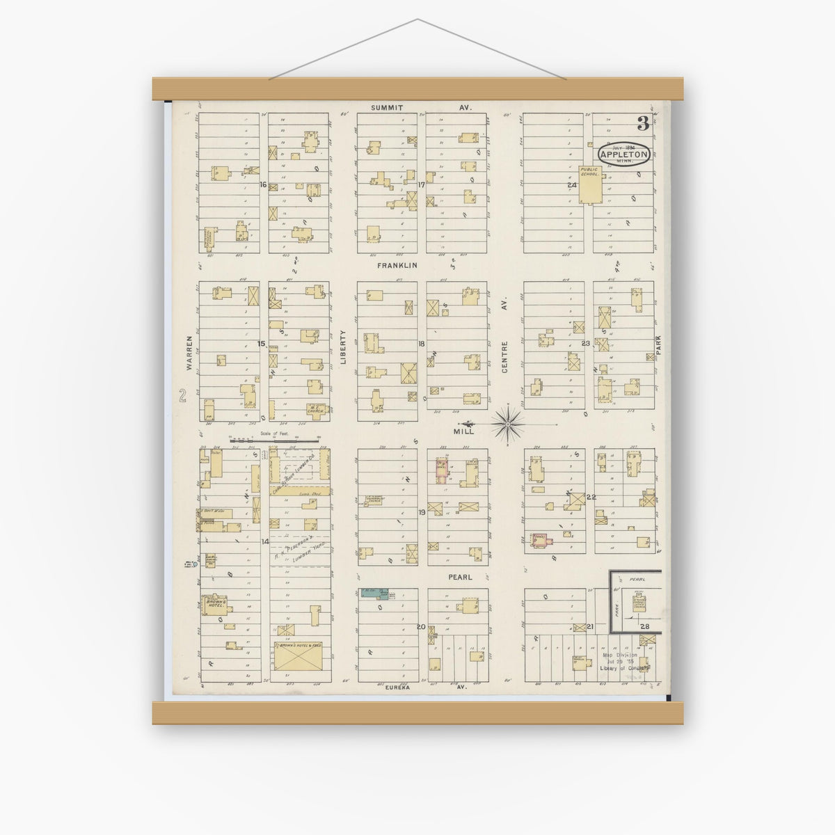 Old map wall art mockup — magnetic wood frame on white wall — Sanborn Fire Insurance Map from Appleton, Swift County, Minnesota (1894), Sheet #0003