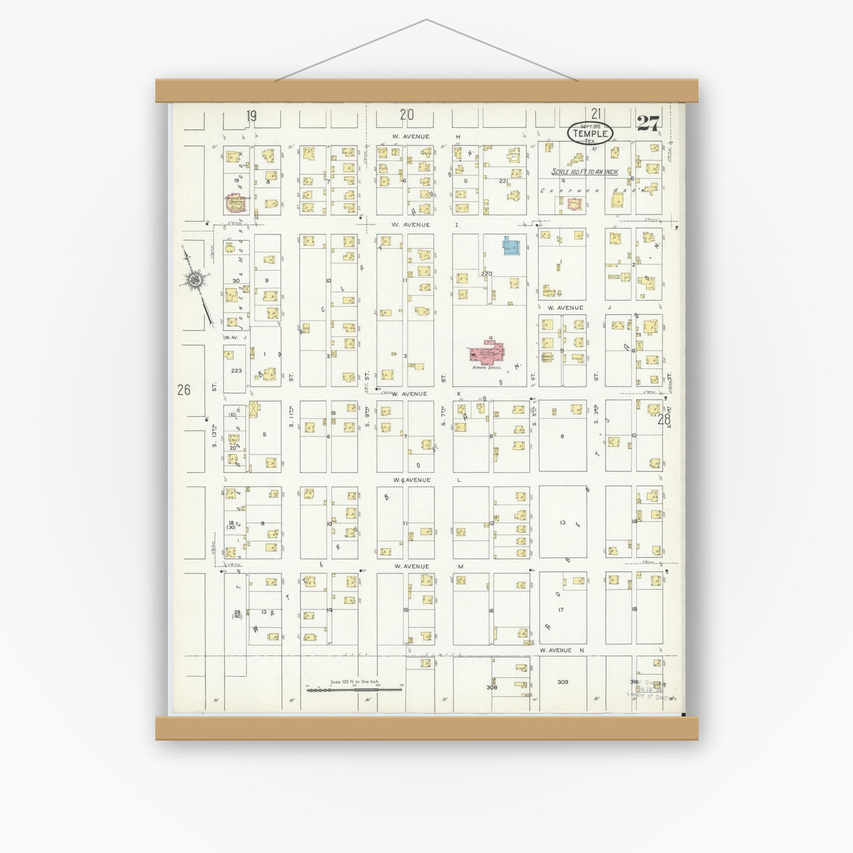 Old map wall art mockup — magnetic wood frame on white wall — Sanborn Fire Insurance Map from Temple, Bell County, Texas (1915), Sheet #0027