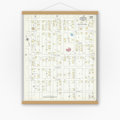 Old map wall art mockup — magnetic wood frame on white wall — Sanborn Fire Insurance Map from Temple, Bell County, Texas (1915), Sheet #0027