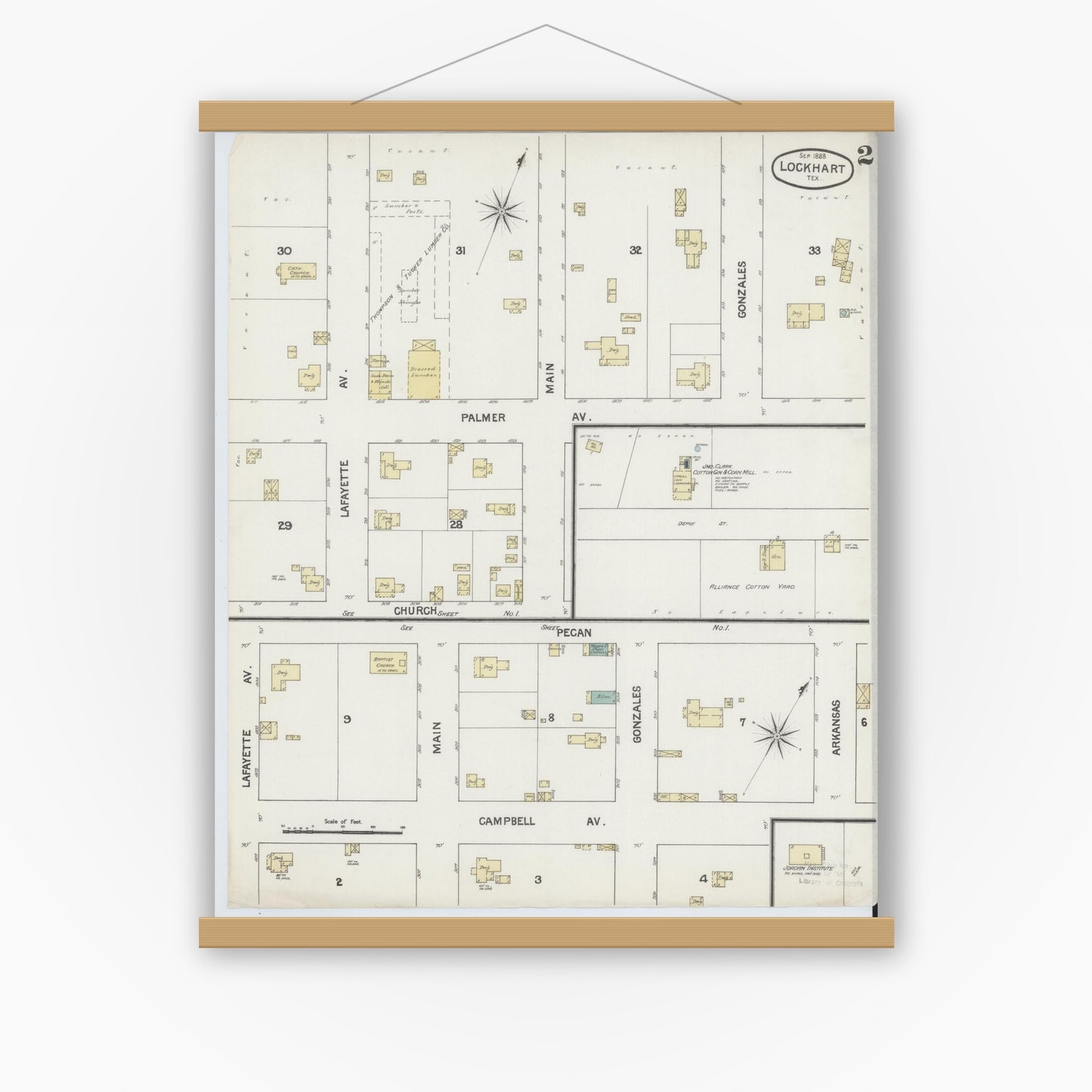 Old map wall art mockup — magnetic wood frame on white wall — Sanborn Fire Insurance Map from Lockhart, Caldwell County, Texas (1888), Sheet #0002