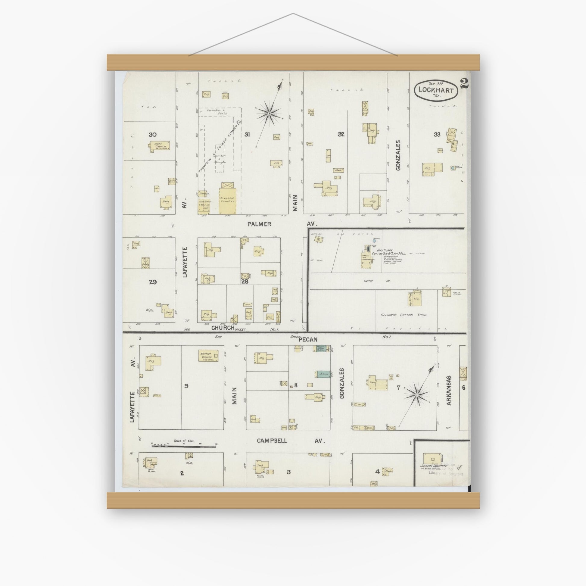 Old map wall art mockup — magnetic wood frame on white wall — Sanborn Fire Insurance Map from Lockhart, Caldwell County, Texas (1888), Sheet #0002