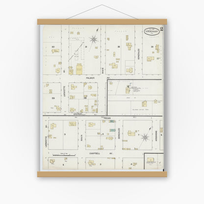 Old map wall art mockup — magnetic wood frame on white wall — Sanborn Fire Insurance Map from Lockhart, Caldwell County, Texas (1888), Sheet #0002