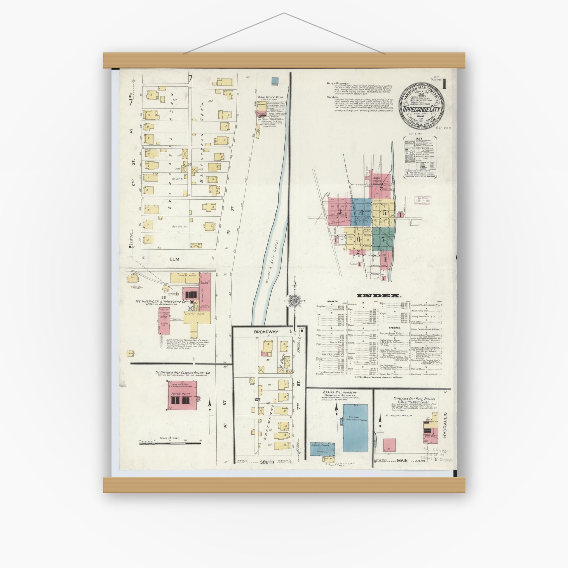 Old map wall art mockup — magnetic wood frame on white wall — Sanborn Fire Insurance Map from Tipp City, Miami County, Ohio (1911) - Complete Map Set