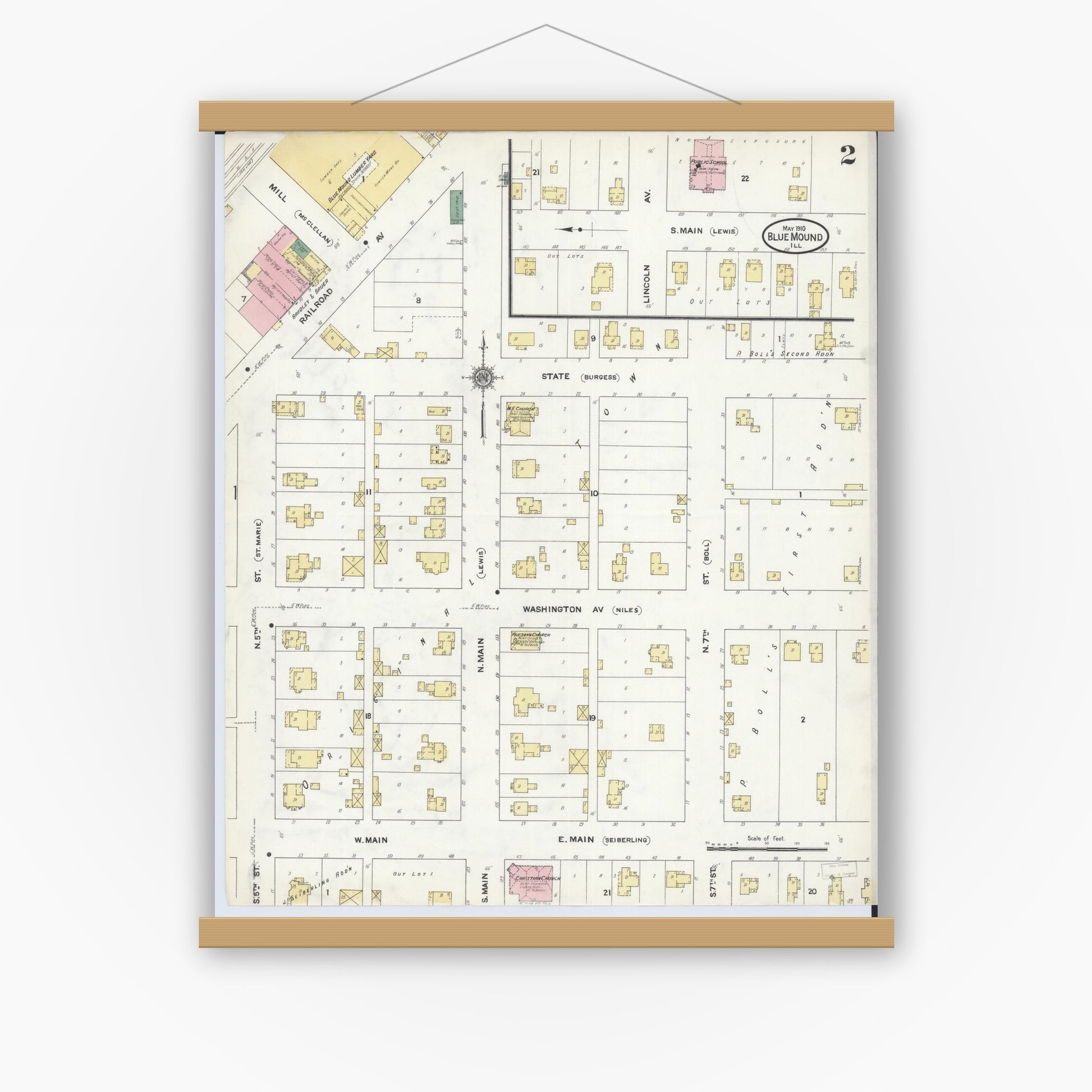 Old map wall art mockup — magnetic wood frame on white wall — Sanborn Fire Insurance Map from Blue Mound, Macon County, Illinois (1910), Sheet #0002