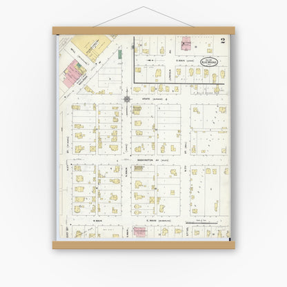 Old map wall art mockup — magnetic wood frame on white wall — Sanborn Fire Insurance Map from Blue Mound, Macon County, Illinois (1910), Sheet #0002