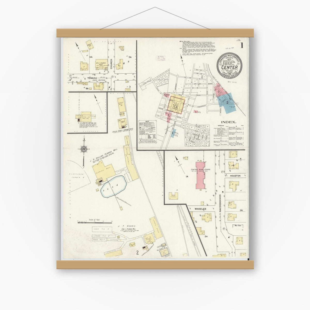 Old map wall art mockup — magnetic wood frame on white wall — Sanborn Fire Insurance Map from Center, Shelby County, Texas (1912) - Complete Map Set