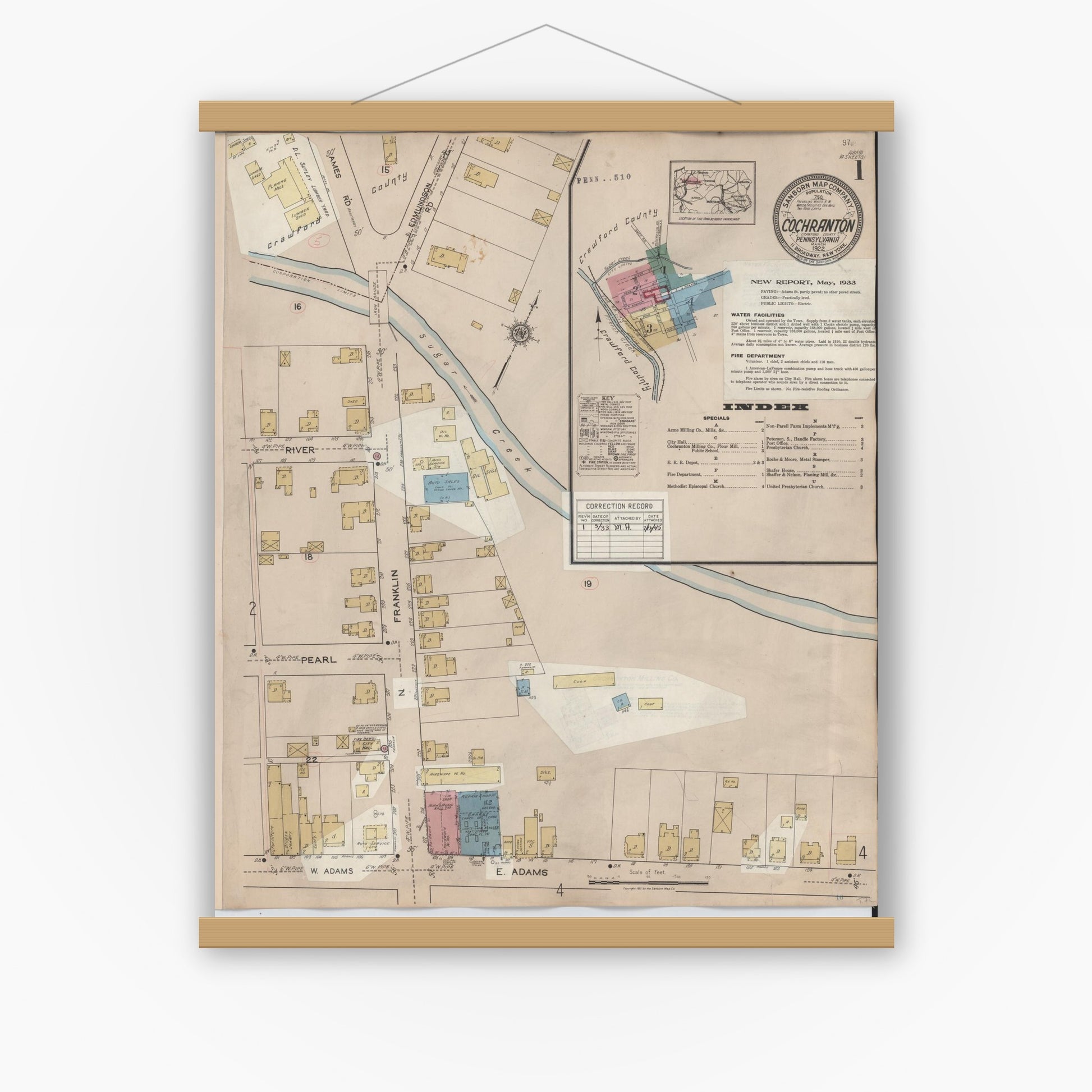 Old map wall art mockup — magnetic wood frame on white wall — Sanborn Fire Insurance Map from Cochranton, Crawford County, Pennsylvania (1933), Sheet #0001