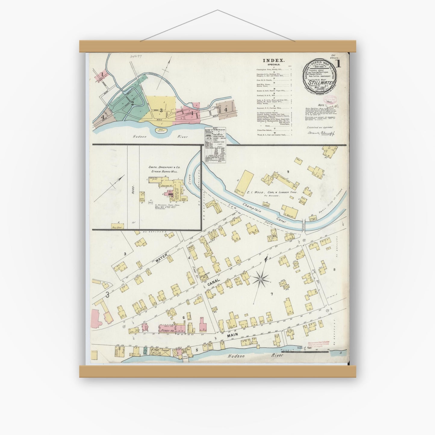 Old map wall art mockup — magnetic wood frame on white wall — Sanborn Fire Insurance Map from Stillwater, Saratoga County, New York (1897), Sheet #0001