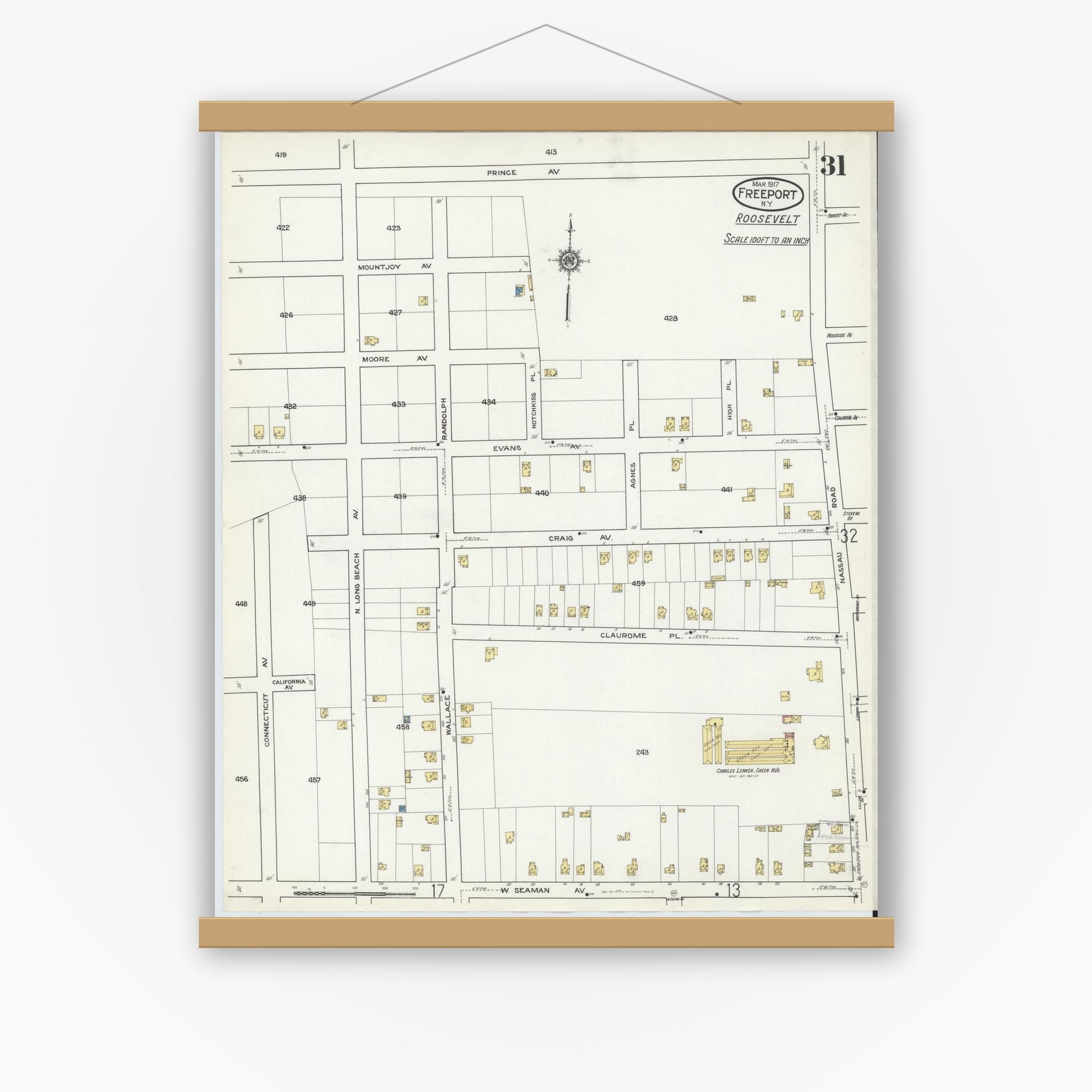 Old map wall art mockup — magnetic wood frame on white wall — Sanborn Fire Insurance Map from Freeport, Nassau County, New York (1917), Sheet #0031