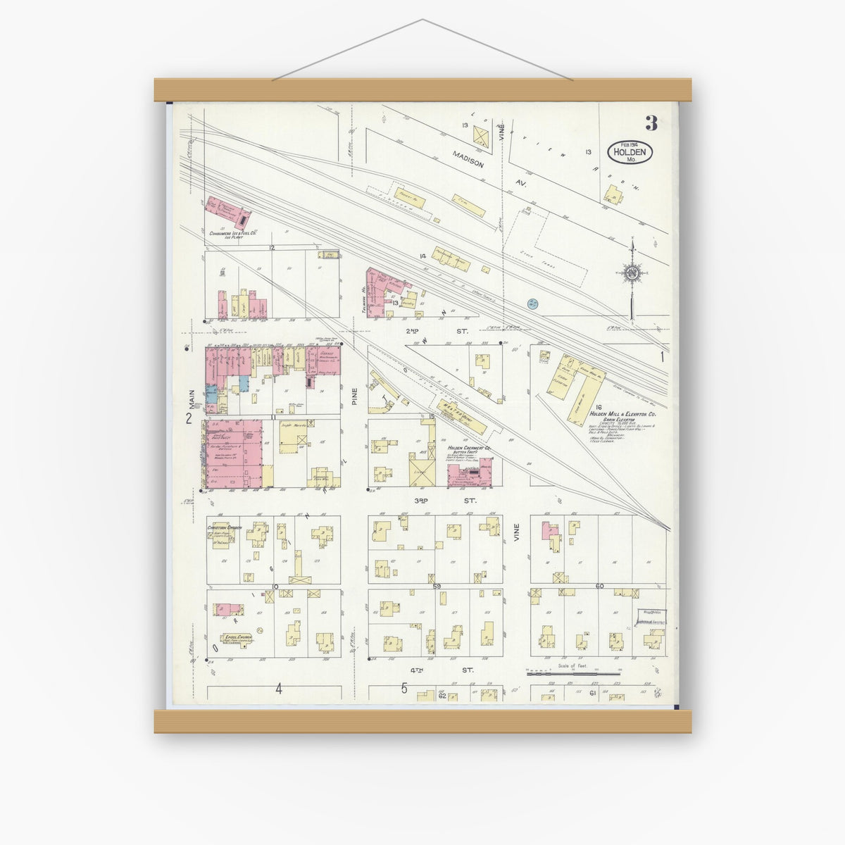 Old map wall art mockup — magnetic wood frame on white wall — Sanborn Fire Insurance Map from Holden, Johnson County, Missouri (1914), Sheet #0003