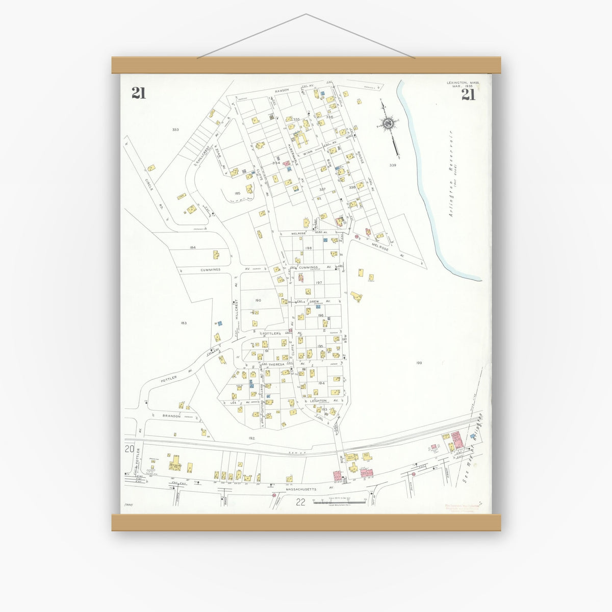 Old map wall art mockup — magnetic wood frame on white wall — Sanborn Fire Insurance Map from Lexington, Middlesex County, Massachusetts (1935), Sheet #0021