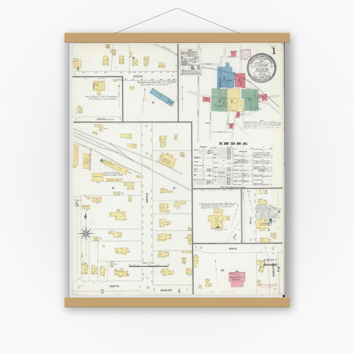 Old map wall art mockup — magnetic wood frame on white wall — Sanborn Fire Insurance Map from Sodus, Wayne County, New York (1906) - Complete Map Set