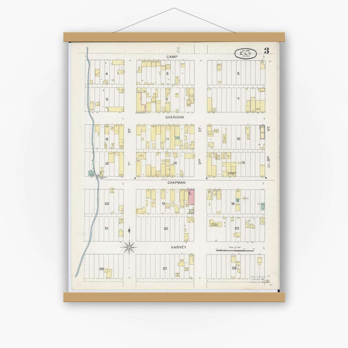 Old map wall art mockup — magnetic wood frame on white wall — Sanborn Fire Insurance Map from Ely, Saint Louis County, Minnesota (1892), Sheet #0003
