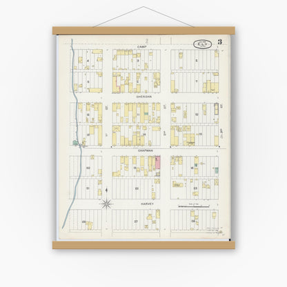 Old map wall art mockup — magnetic wood frame on white wall — Sanborn Fire Insurance Map from Ely, Saint Louis County, Minnesota (1892), Sheet #0003