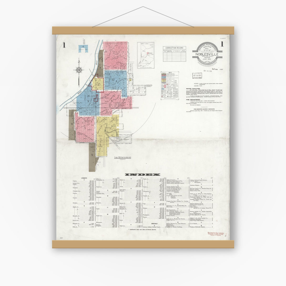 Old map wall art mockup — magnetic wood frame on white wall — Sanborn Fire Insurance Map from Noblesville, Hamilton County, Indiana (1933) - Complete Map Set