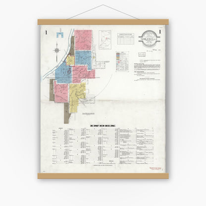 Old map wall art mockup — magnetic wood frame on white wall — Sanborn Fire Insurance Map from Noblesville, Hamilton County, Indiana (1933) - Complete Map Set