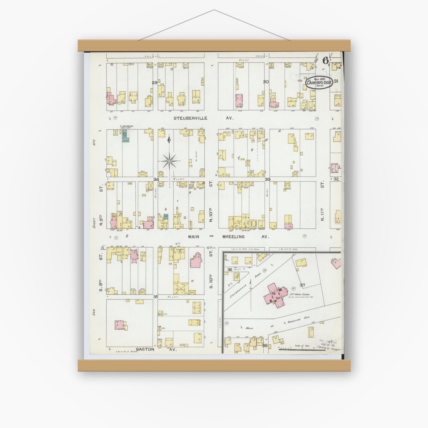 Old map wall art mockup — magnetic wood frame on white wall — Sanborn Fire Insurance Map from Cambridge, Guernsey County, Ohio (1892), Sheet #0006