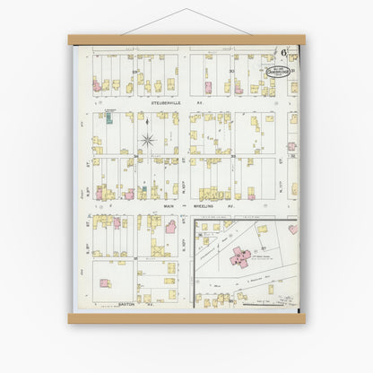 Old map wall art mockup — magnetic wood frame on white wall — Sanborn Fire Insurance Map from Cambridge, Guernsey County, Ohio (1892), Sheet #0006