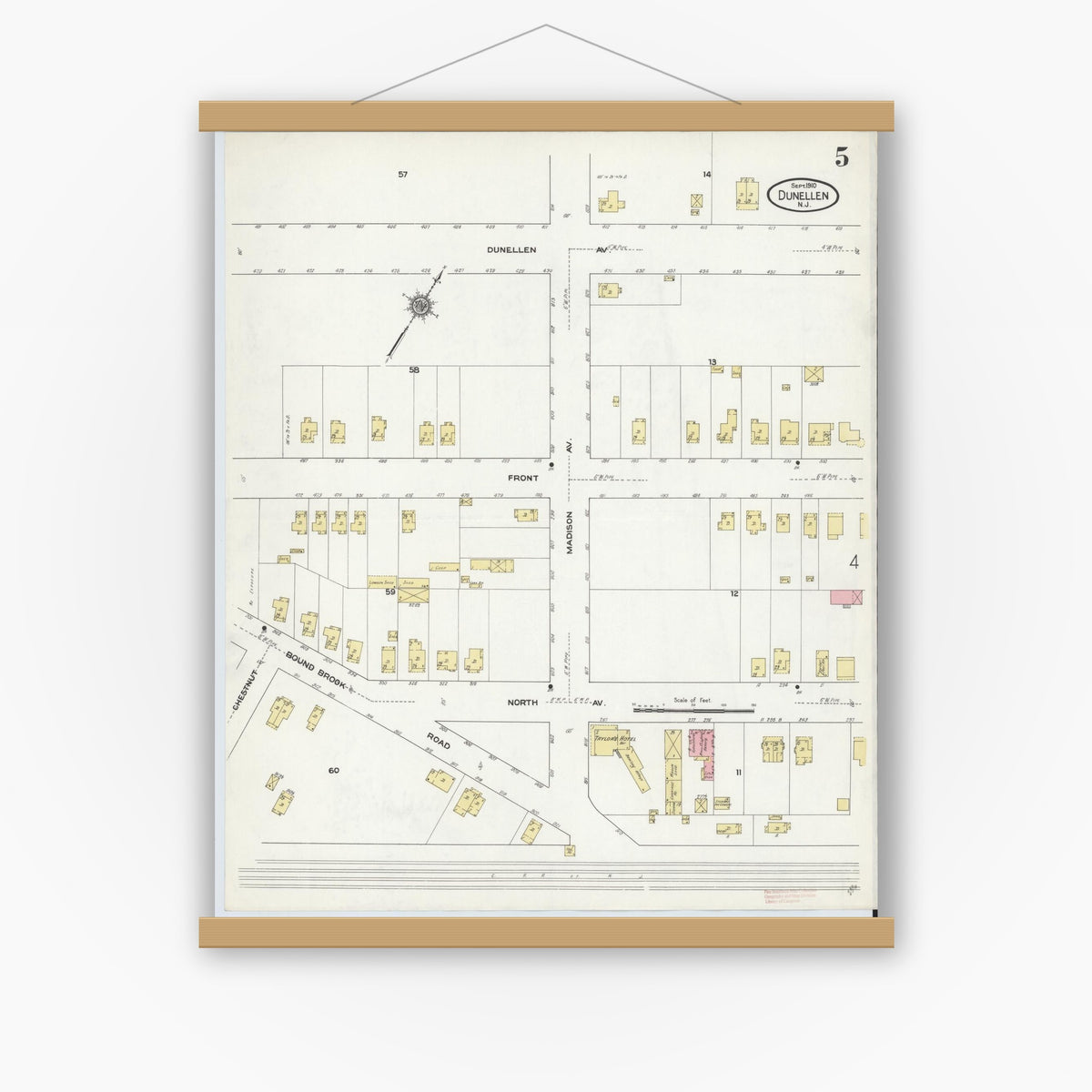 Old map wall art mockup — magnetic wood frame on white wall — Sanborn Fire Insurance Map from Dunellen, Middlesex County, New Jersey (1910), Sheet #0005
