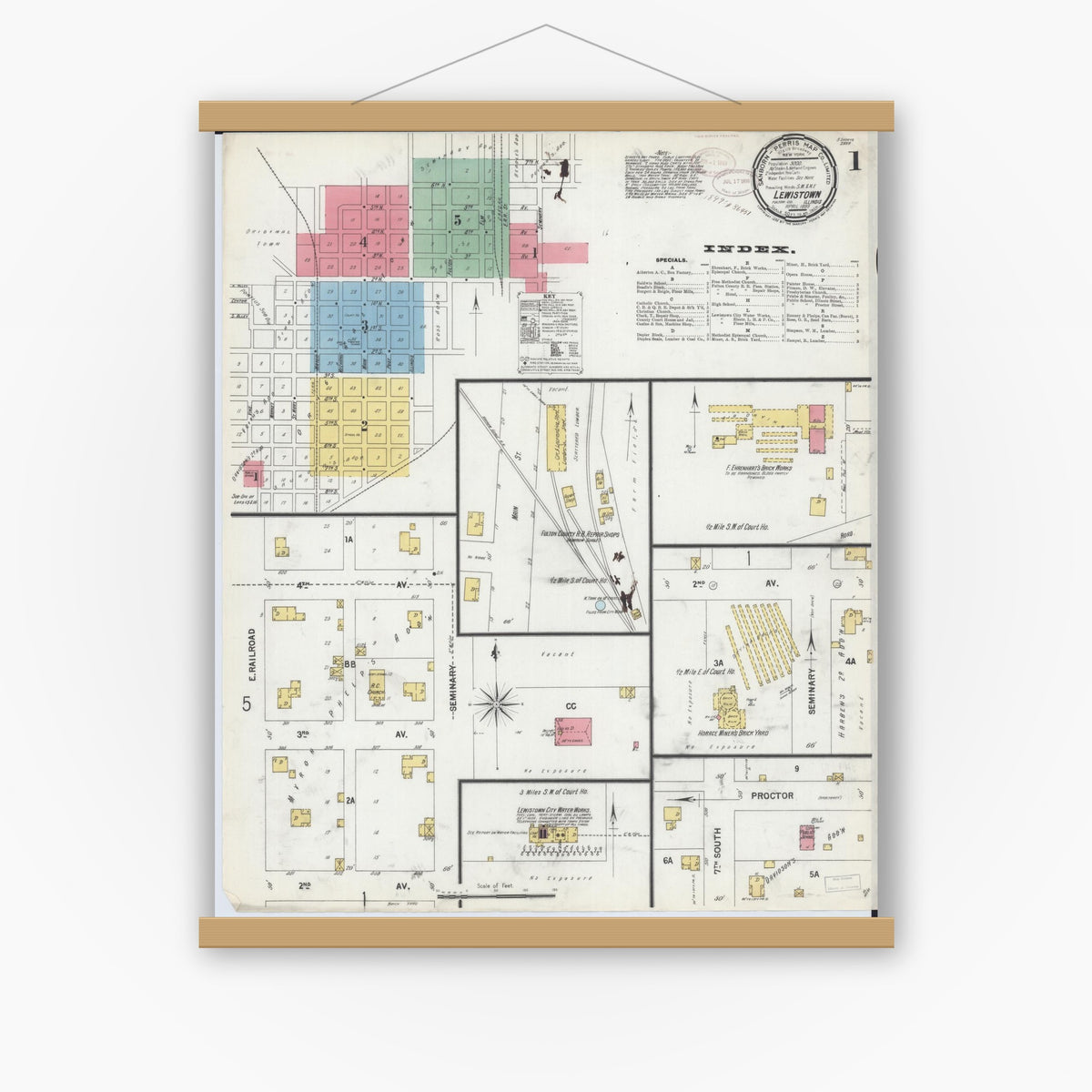 Old map wall art mockup — magnetic wood frame on white wall — Sanborn Fire Insurance Map from Lewistown, Fulton County, Illinois (1899) - Complete Map Set