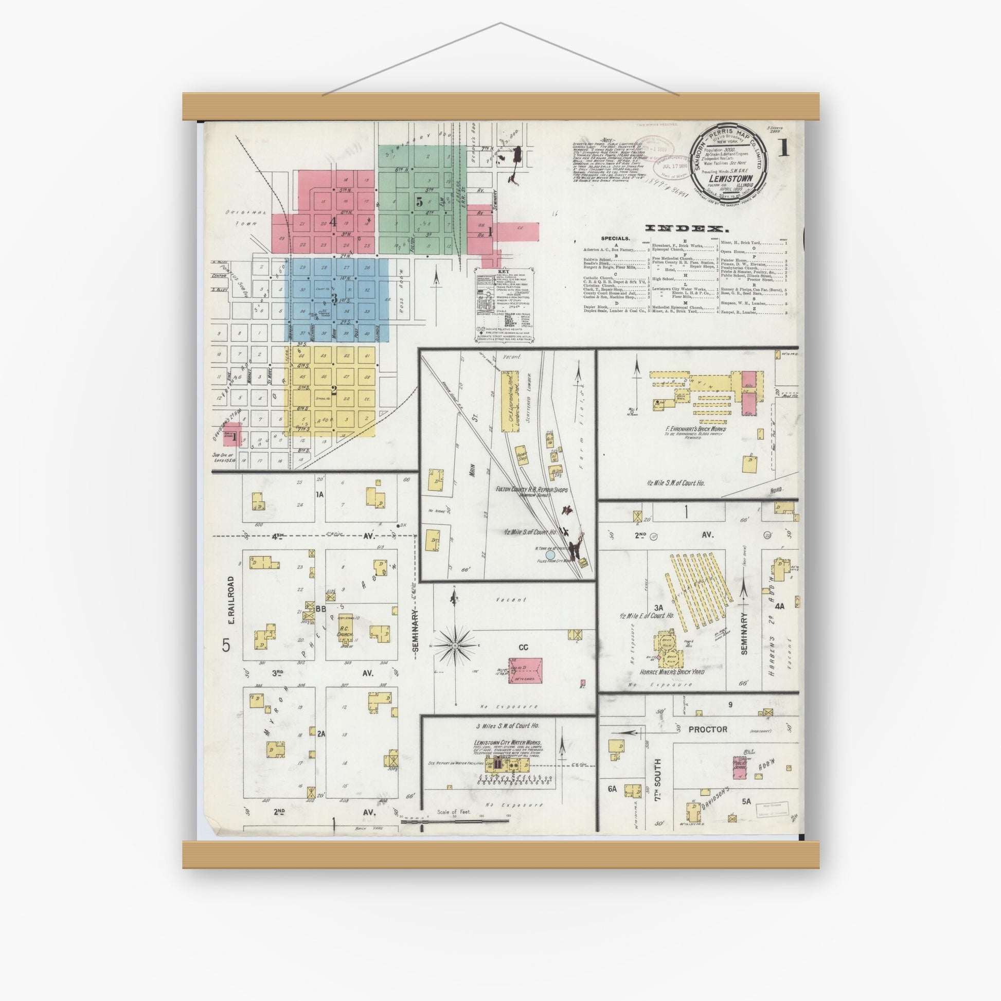 Old map wall art mockup — magnetic wood frame on white wall — Sanborn Fire Insurance Map from Lewistown, Fulton County, Illinois (1899) - Complete Map Set