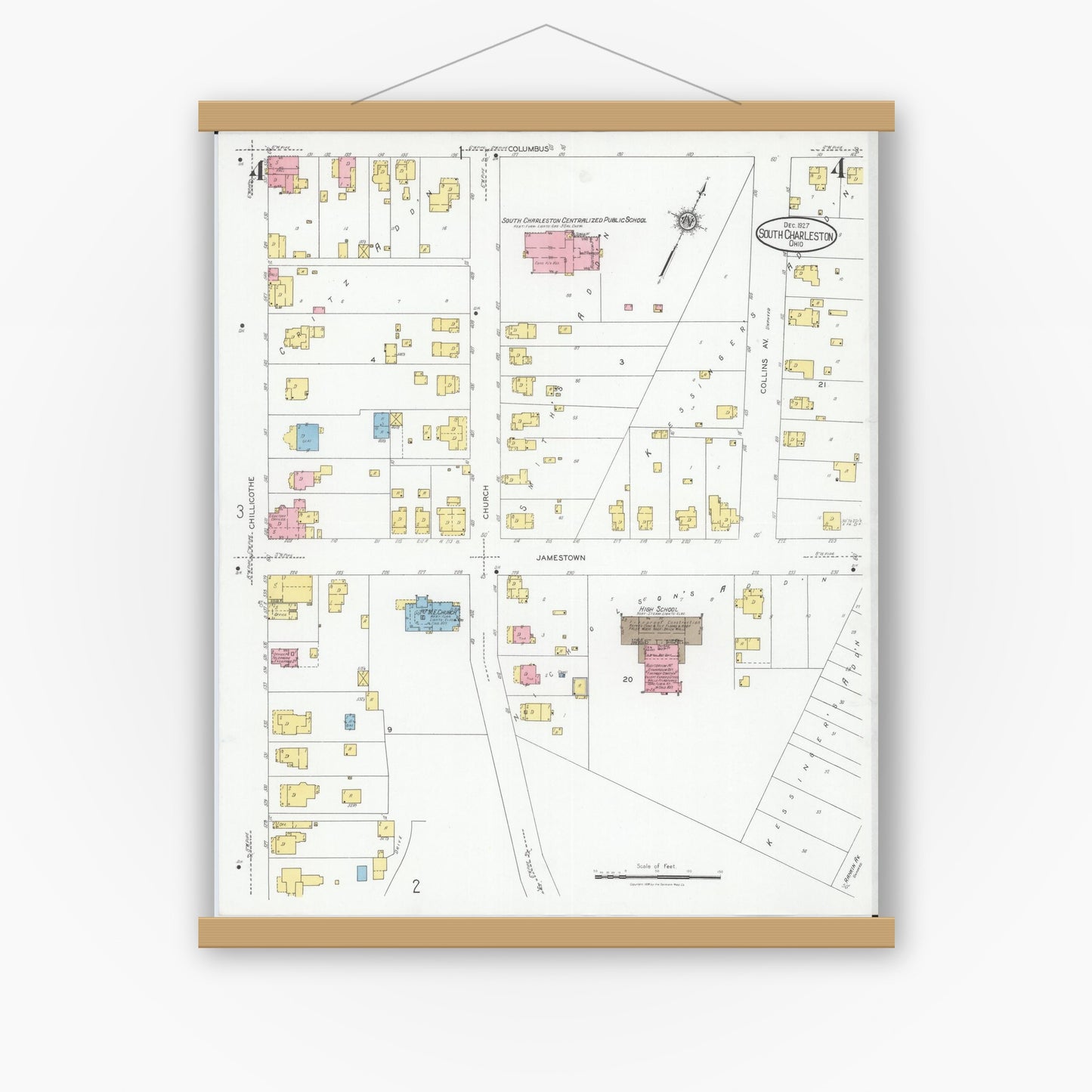 Old map wall art mockup — magnetic wood frame on white wall — Sanborn Fire Insurance Map from South Charleston, Clark County, Ohio (1927), Sheet #0004