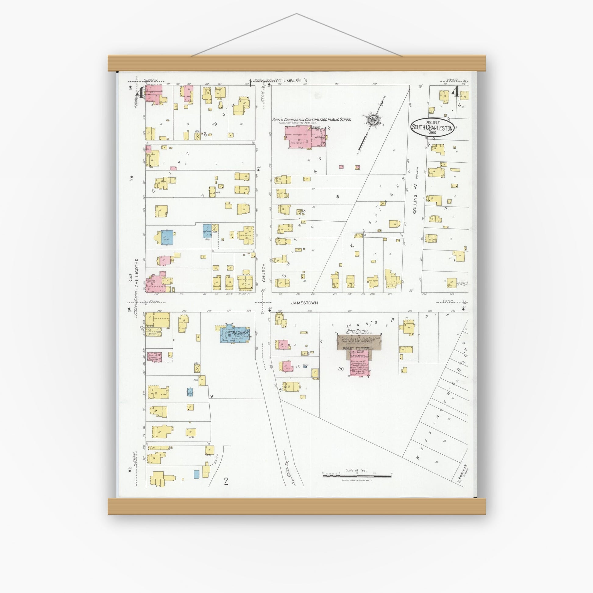 Old map wall art mockup — magnetic wood frame on white wall — Sanborn Fire Insurance Map from South Charleston, Clark County, Ohio (1927), Sheet #0004