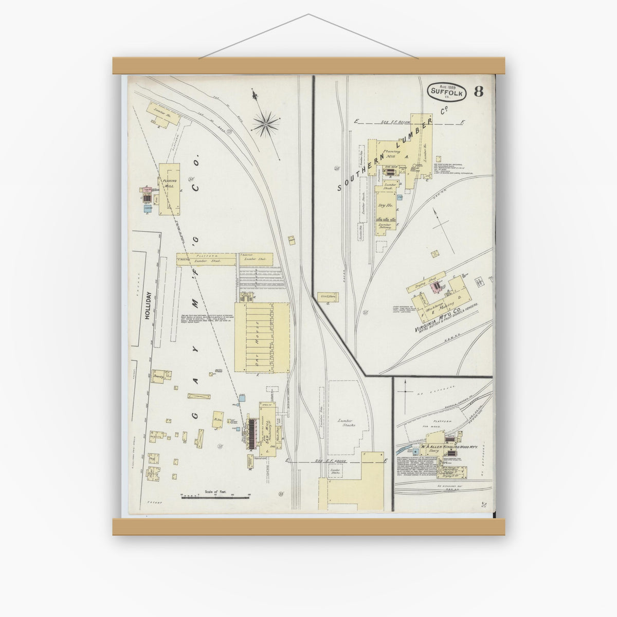 Old map wall art mockup — magnetic wood frame on white wall — Sanborn Fire Insurance Map from Suffolk, Independent Cities, Virginia (1889), Sheet #0008