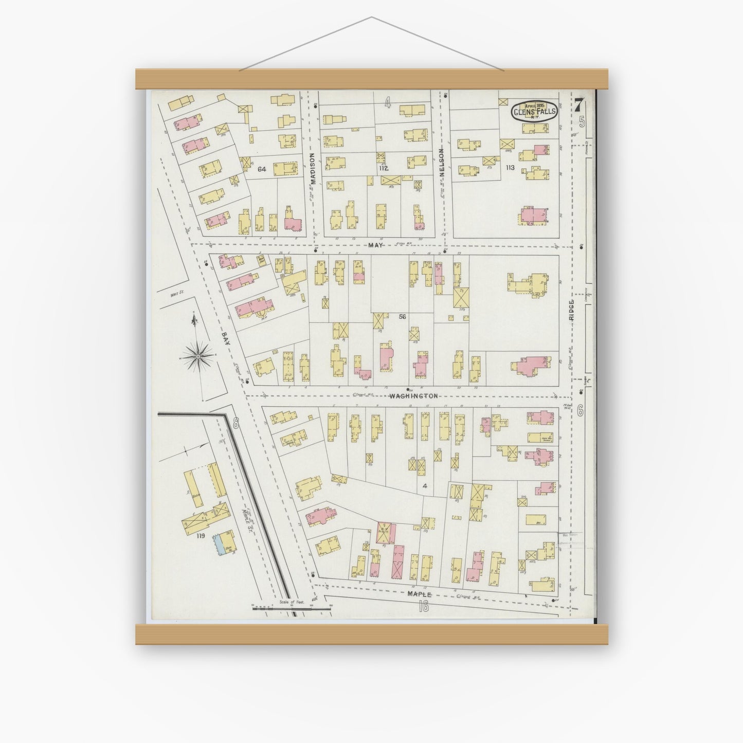 Old map wall art mockup — magnetic wood frame on white wall — Sanborn Fire Insurance Map from Glens Falls, Warren County, New York (1895), Sheet #0007
