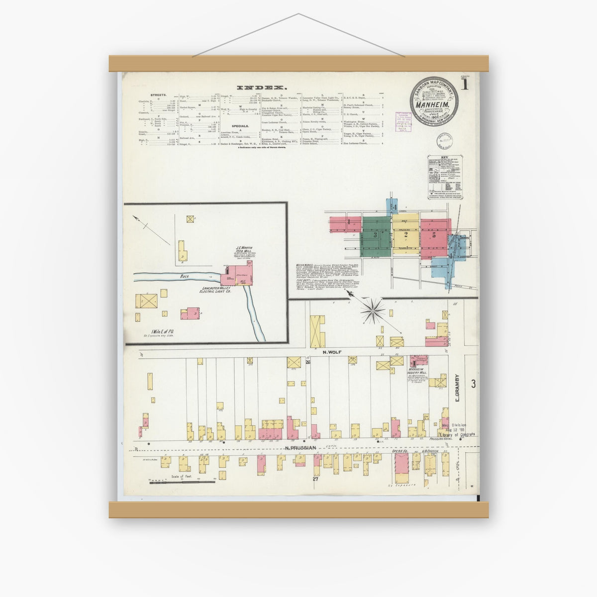 Old map wall art mockup — magnetic wood frame on white wall — Sanborn Fire Insurance Map from Manheim, Lancaster County, Pennsylvania (1902), Sheet #0001