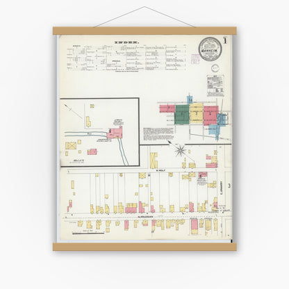 Old map wall art mockup — magnetic wood frame on white wall — Sanborn Fire Insurance Map from Manheim, Lancaster County, Pennsylvania (1902), Sheet #0001