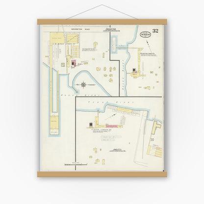 Old map wall art mockup — magnetic wood frame on white wall — Sanborn Fire Insurance Map from New Bern, Craven County, North Carolina (1913), Sheet #0032