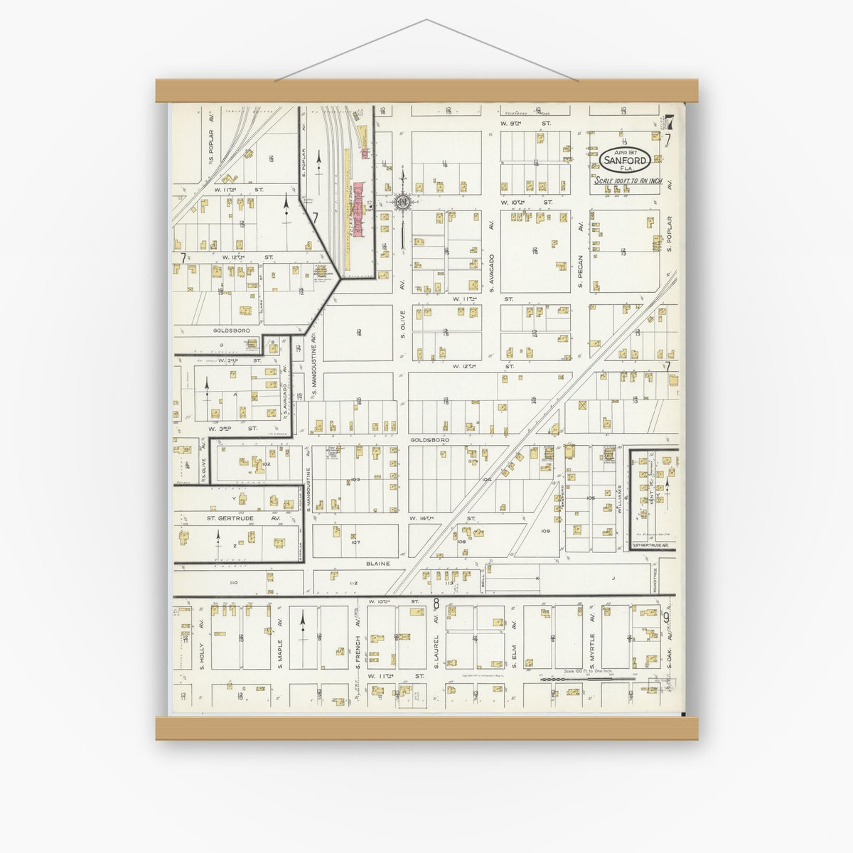 Old map wall art mockup — magnetic wood frame on white wall — Sanborn Fire Insurance Map from Sanford, Seminole County, Florida (1917), Sheet #0007