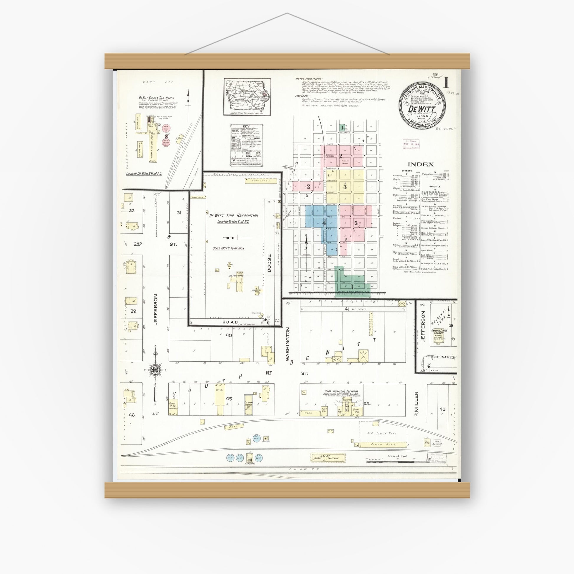 Old map wall art mockup — magnetic wood frame on white wall — Sanborn Fire Insurance Map from De Witt, Clinton County, Iowa (1914) â€” Complete Set