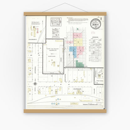 Old map wall art mockup — magnetic wood frame on white wall — Sanborn Fire Insurance Map from De Witt, Clinton County, Iowa (1914) â€” Complete Set