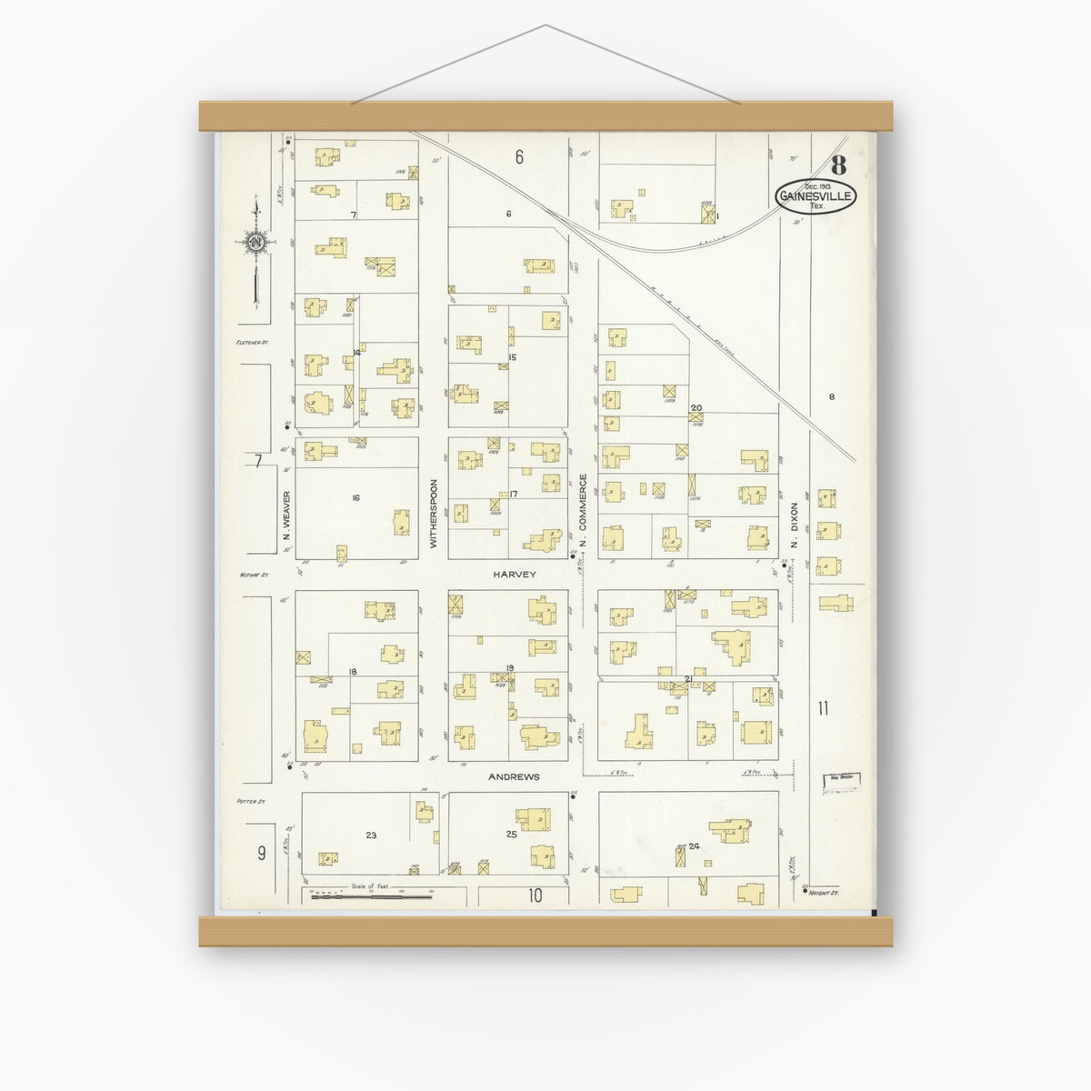 Old map wall art mockup — magnetic wood frame on white wall — Sanborn Fire Insurance Map from Gainesville, Cooke County, Texas (1913), Sheet #0008